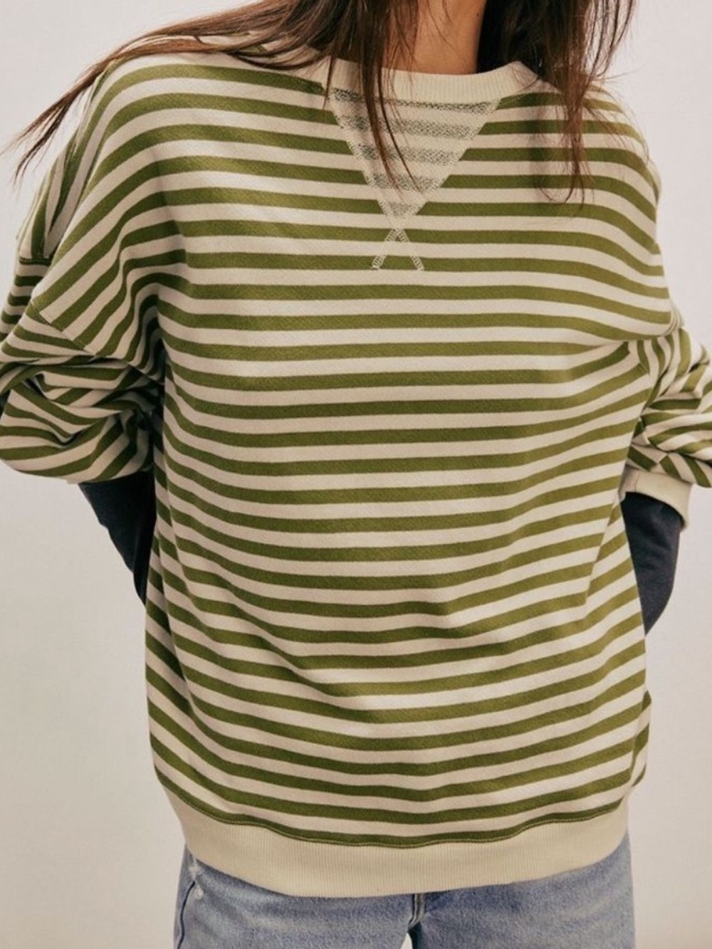 Free People- Classic Striped Oversized Crewneck Sweatshirt Woodland Combo